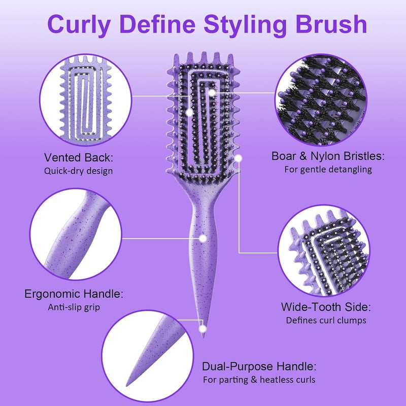Weldilgit Curly Hair Brush, Curl Defining Brush with Soft Boar Bristles Detangling Tangled Glides, Wide-Teeth Design Effortlessly Shaping & Defining Curls, Curling Definer for Wet & Dry Hair (Purple) - Image 2
